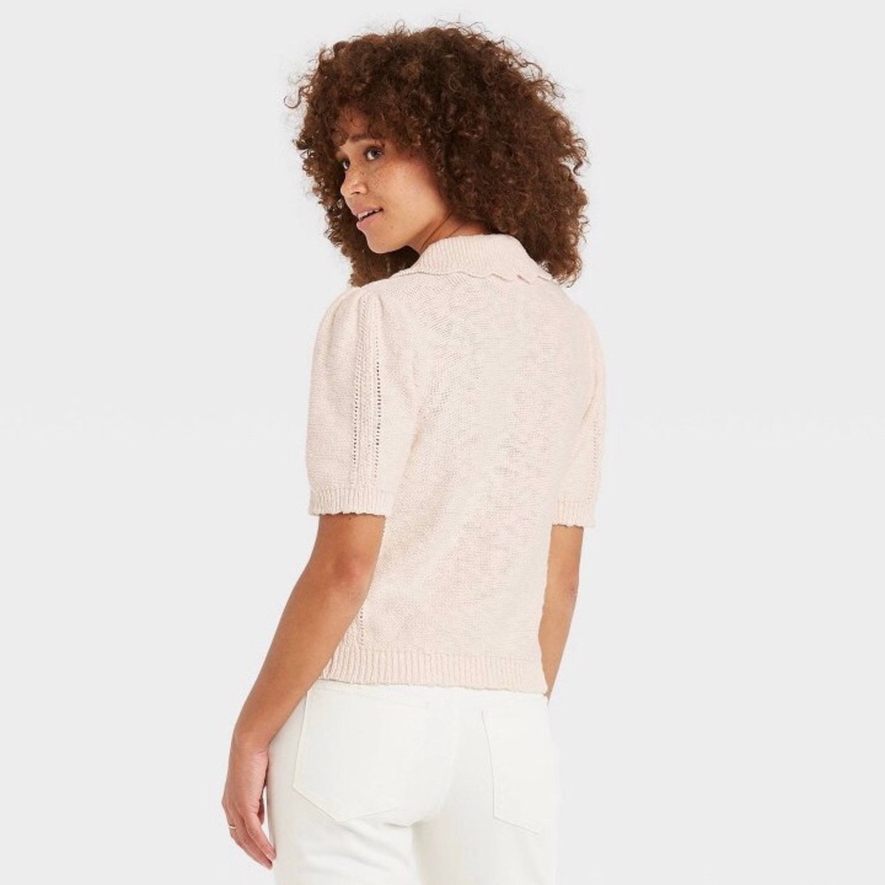 SOLD l L Retro Collared Cream Short Sleeve Crewneck T-Shirt Sweater - Picture 3 of 16